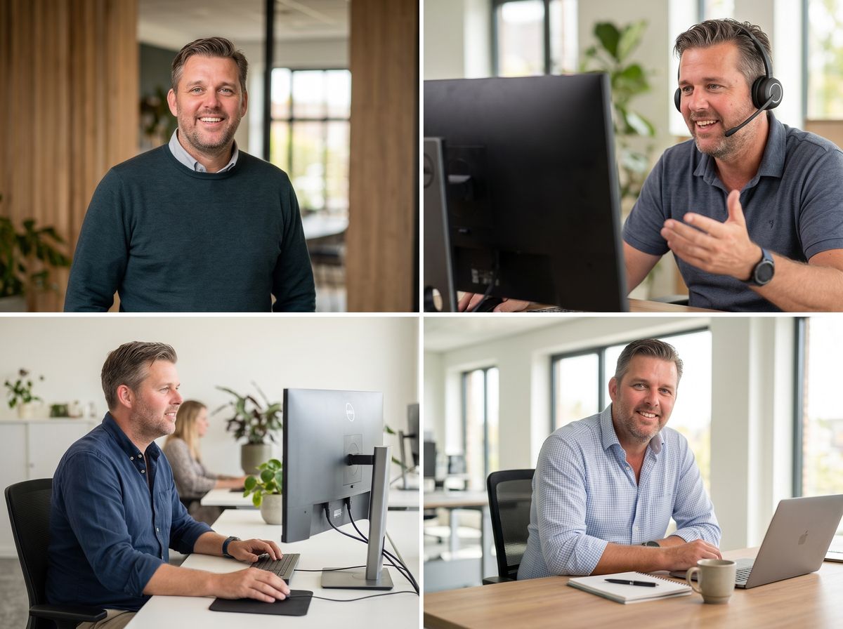 Marco van Rijn aan het werk: aan de telefoon, achter de laptop en in overleg